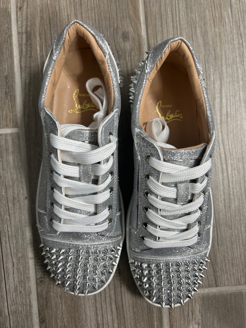 Women's Silver Glitter Spike Low-Top Sneakers red bottom soles